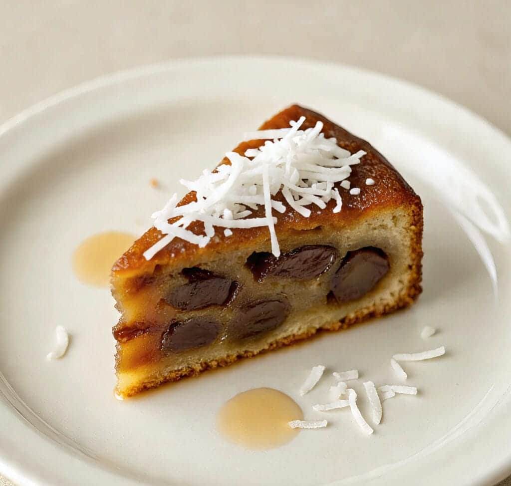 Moist Coconut Date Cake Slice on Plate 1