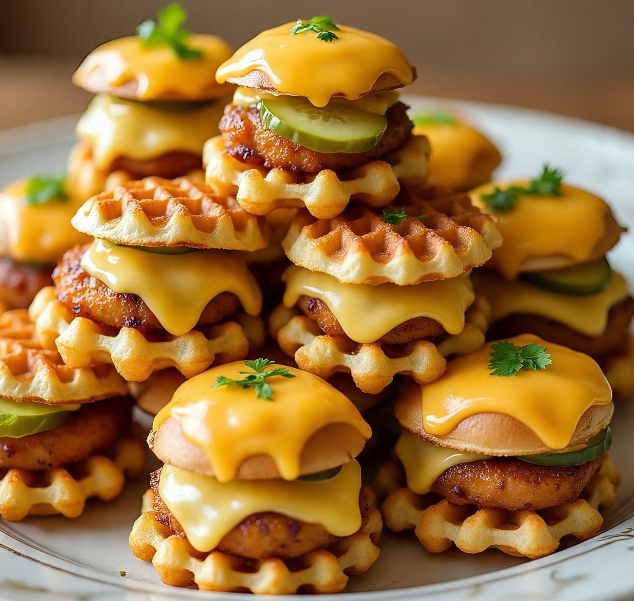 Cheesy waffle fry sliders with mini patties and pickles