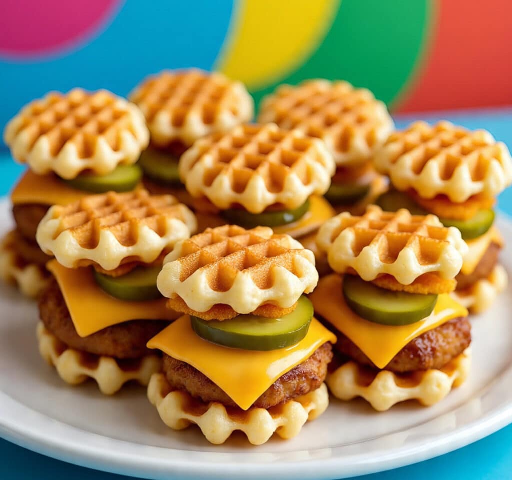 Cheesy waffle fry sliders with mini patties and pickles