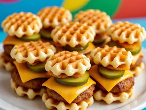 Cheesy waffle fry sliders with mini patties and pickles