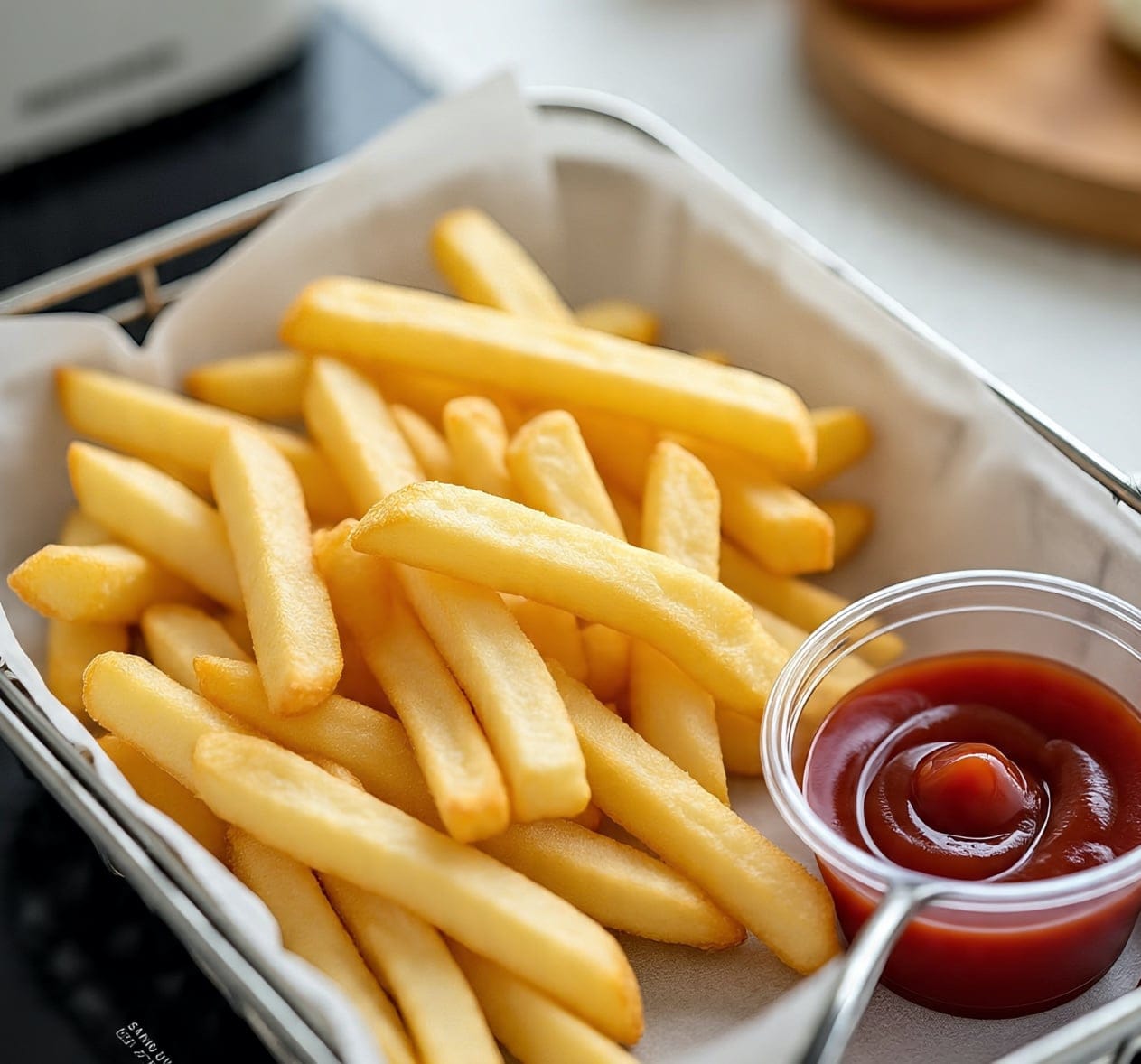 Crispy air fryer frozen French fries in basket 1