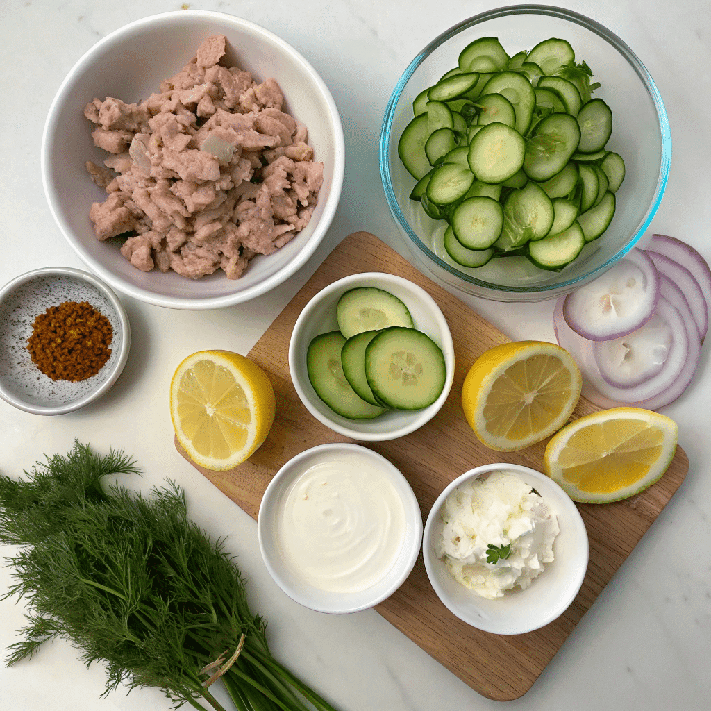 Tuna, cucumber, and salad dressing ingredients prepped on counter