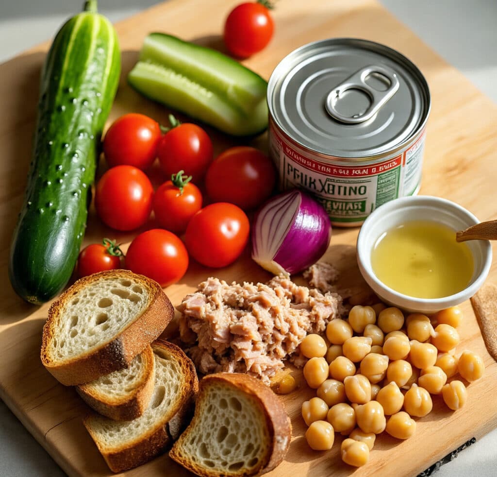 Ingredients for chickpea and tuna panzanella