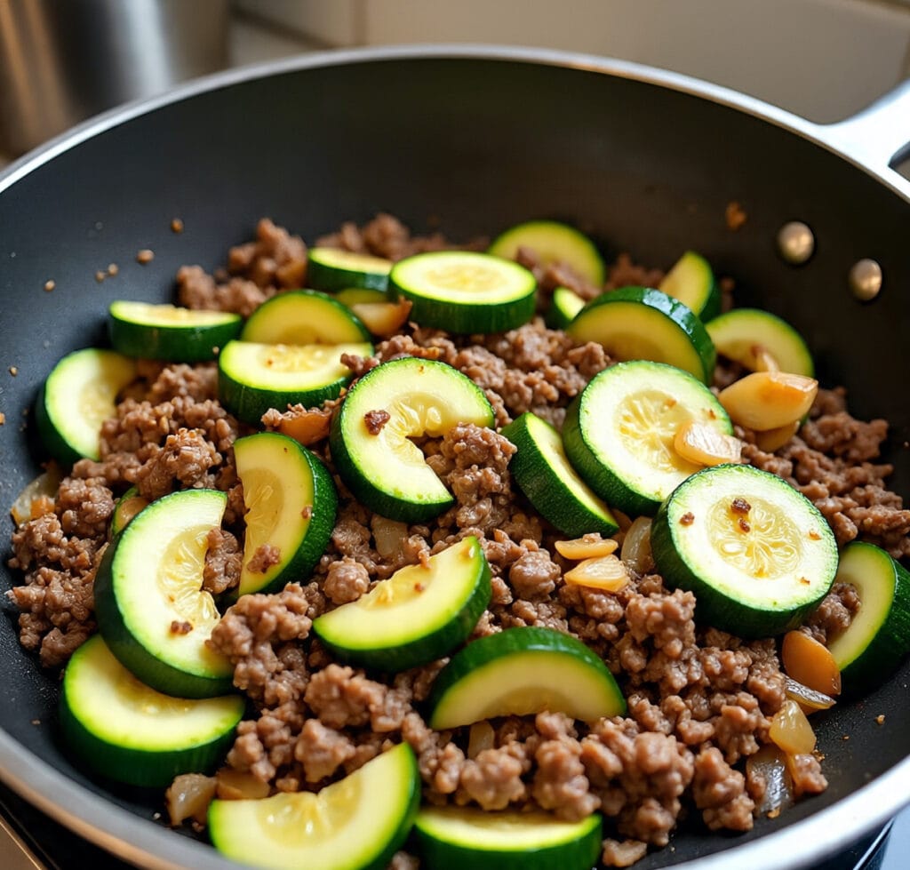 Adding zucchini to ground beef skillet