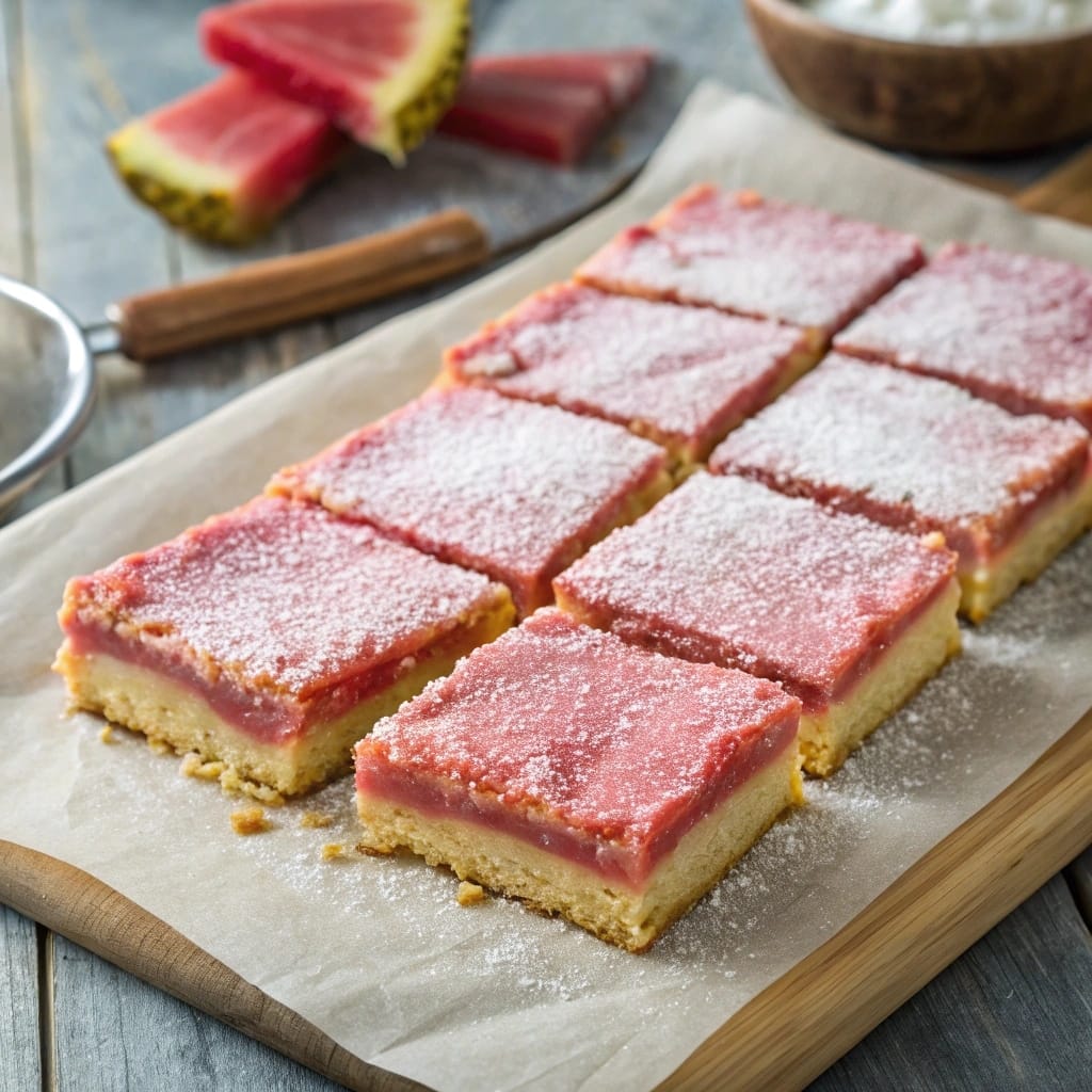 Rhubarb bars on parchment with powdered sugar