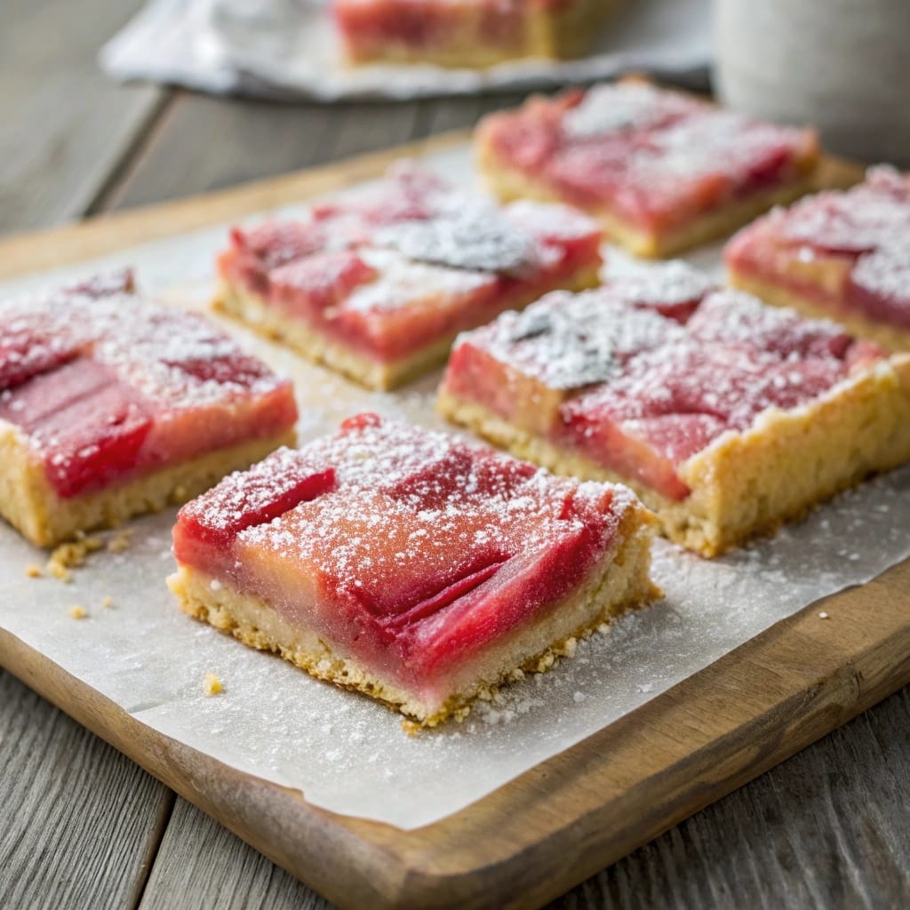 Rhubarb bars on parchment with powdered sugar