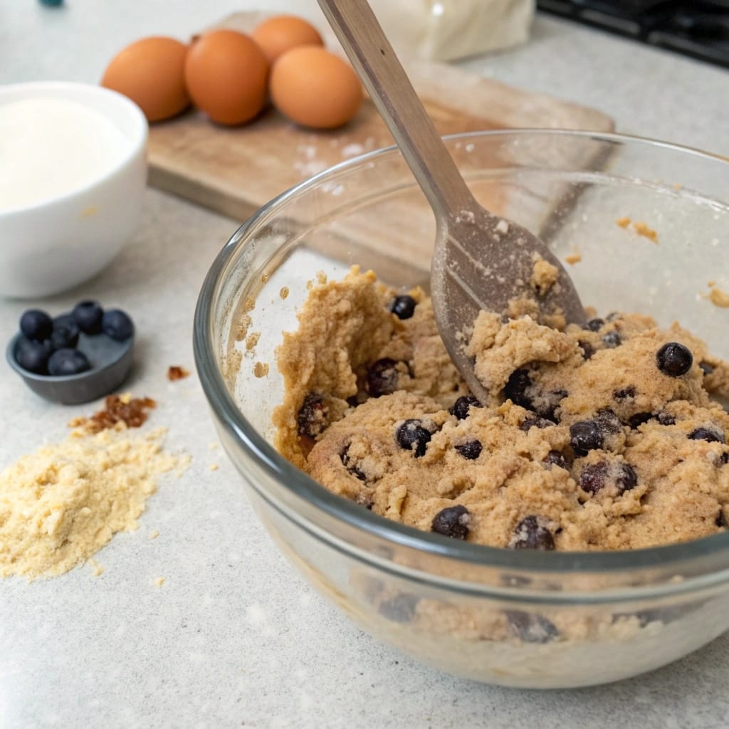 Mixing almond flour cookie dough with blueberries