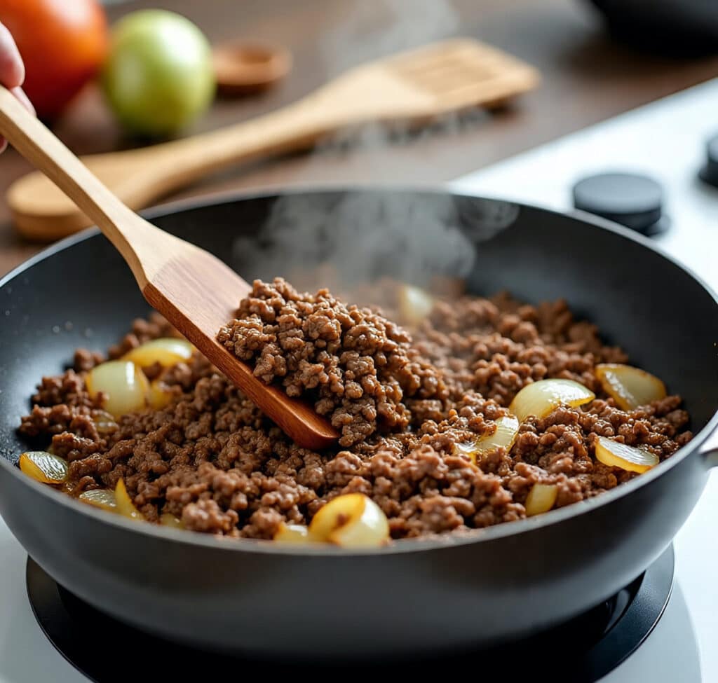 Browning ground beef and onions in skillet