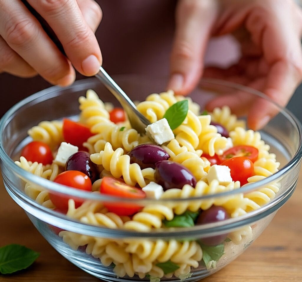 Tossing Greek Pasta Salad in Bowl