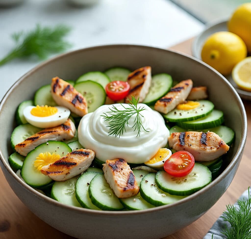 High protein cucumber salad with chicken and yogurt