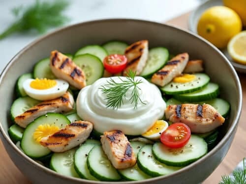 High protein cucumber salad with chicken and yogurt