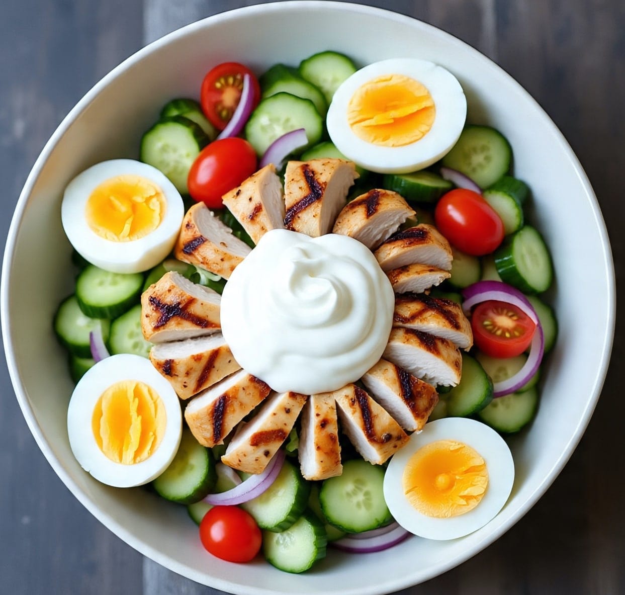 High protein cucumber salad with chicken and yogurt