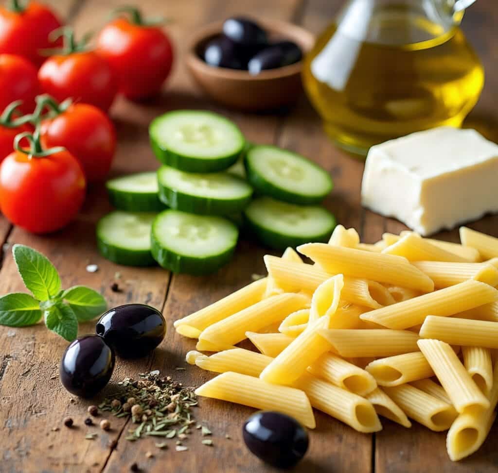 Fresh Ingredients for Greek Pasta Salad