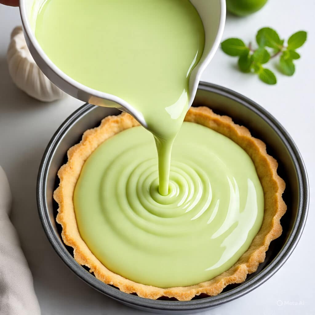 Pouring key lime cheesecake filling into crust