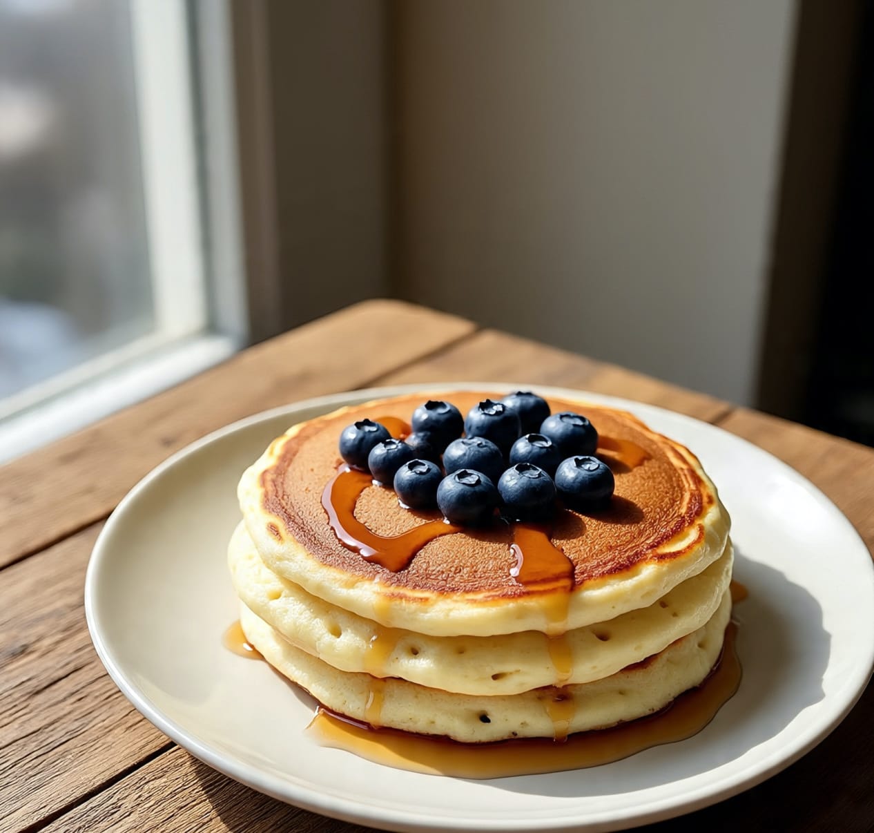 Blueberry protein pancakes topped with syrup and berries