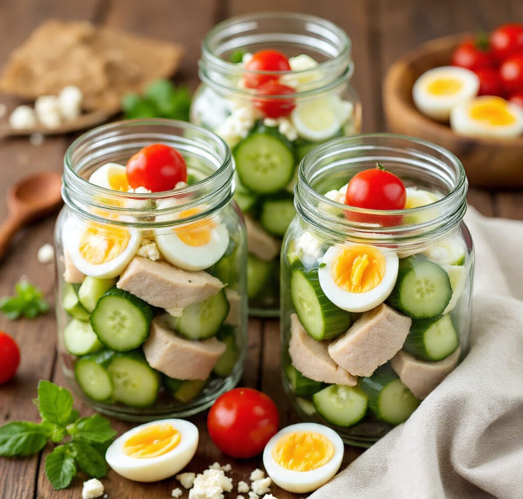 High protein cucumber salad meal prep jars