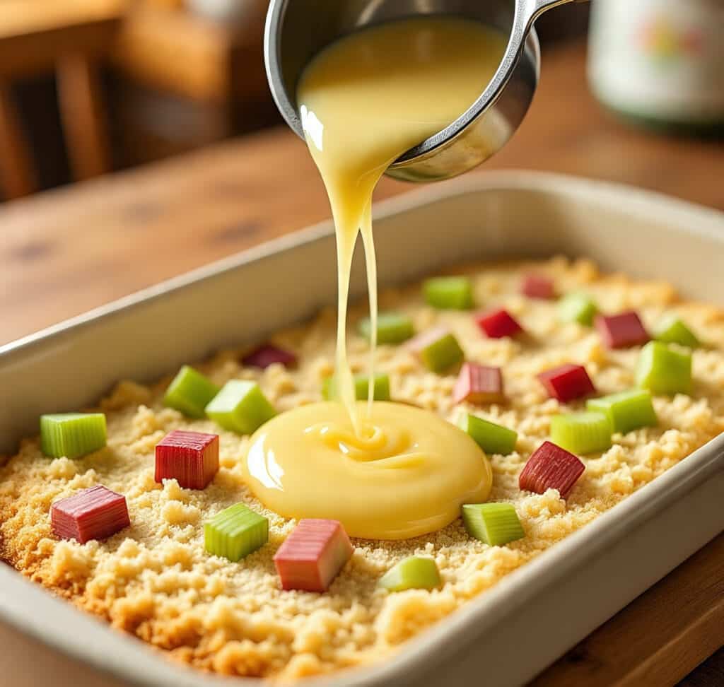 Pouring melted butter over rhubarb dump cake