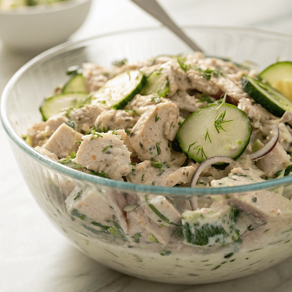 Tuna cucumber salad mixed in a large bowl with dressing