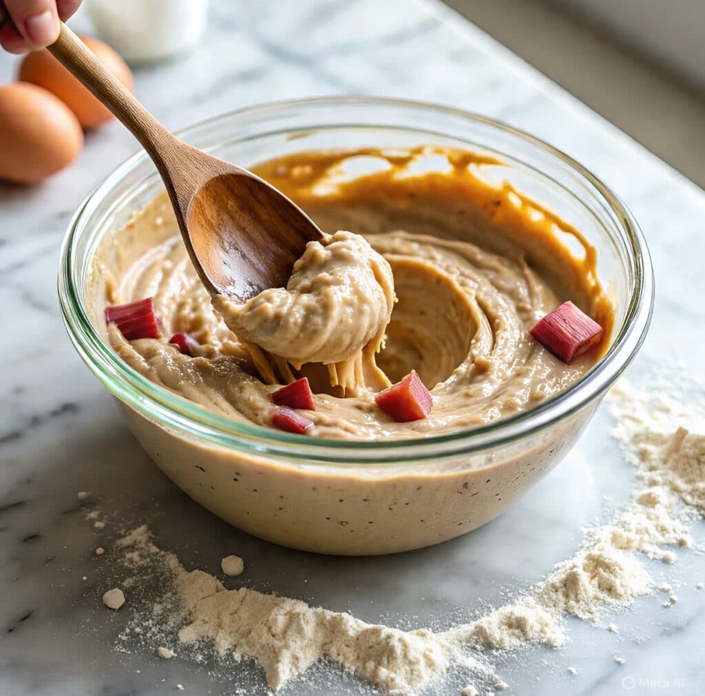 Stirring rhubarb into coffee cake batter