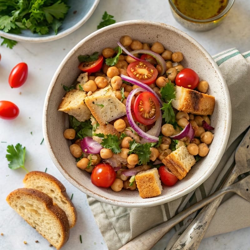 Chickpea-Tuna Panzanella salad in bowl