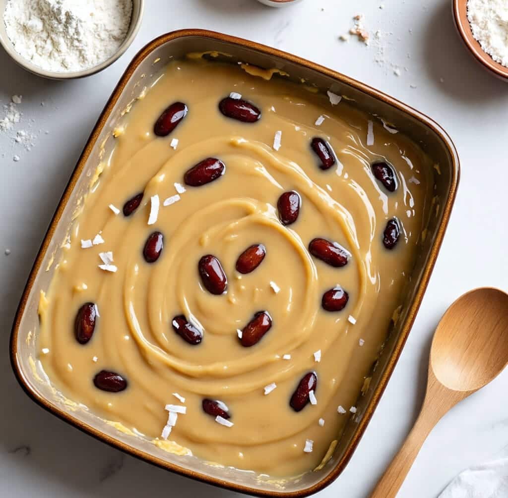Pouring Coconut Date Cake Batter