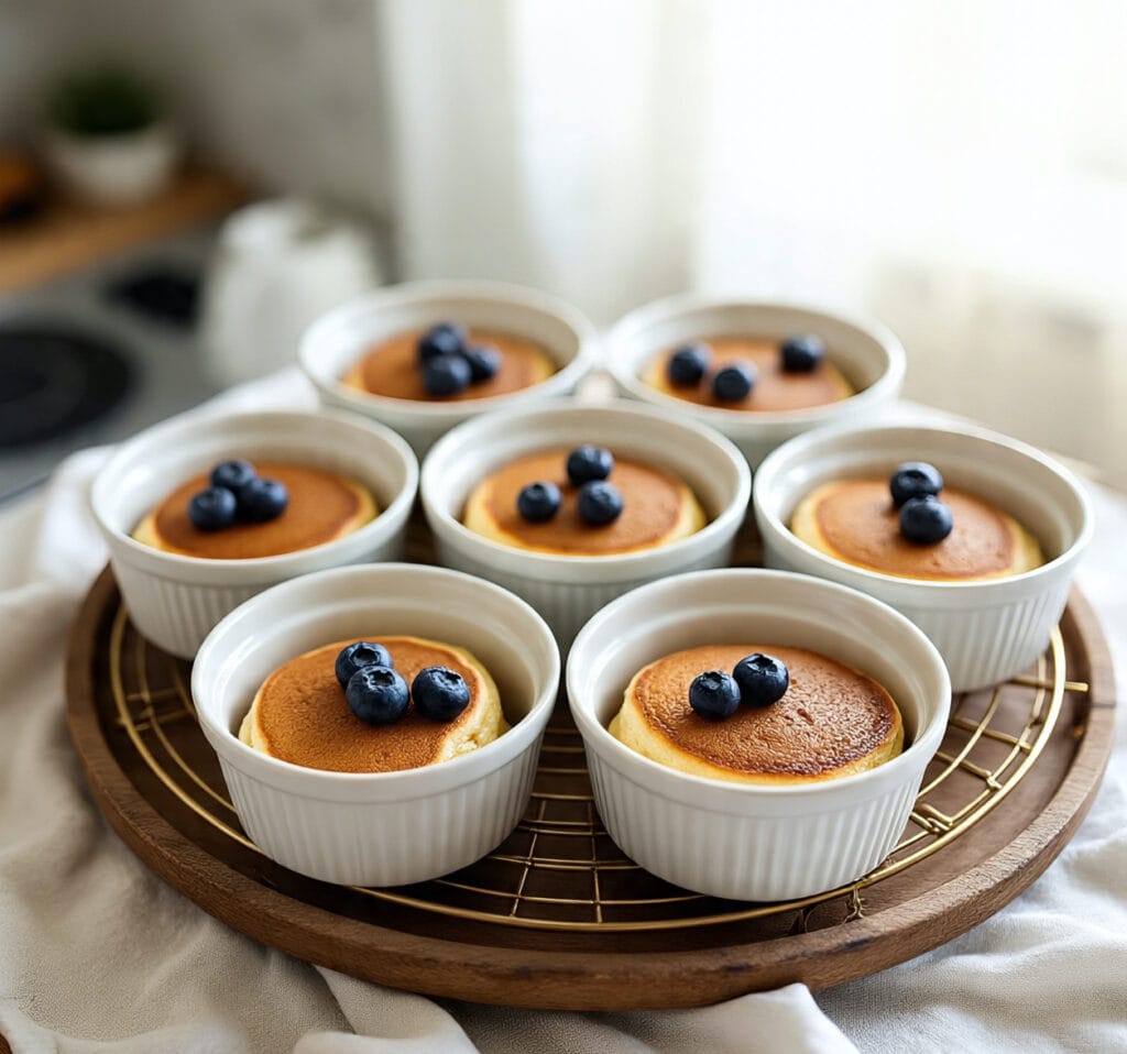 Freshly baked protein pancake bowls in ramekins