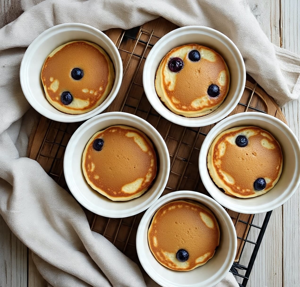Freshly baked protein pancake bowls in ramekins