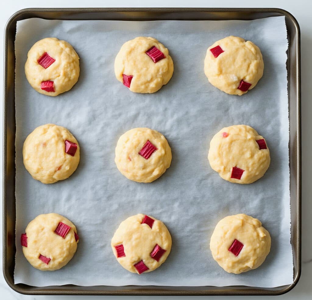 Rhubarb cookie dough scoops on a baking tray