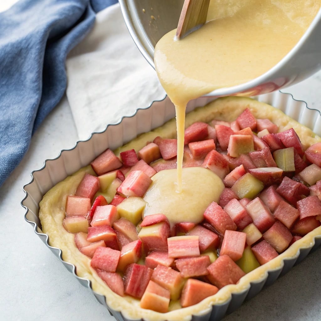 Rhubarb filling poured over baked shortbread crust