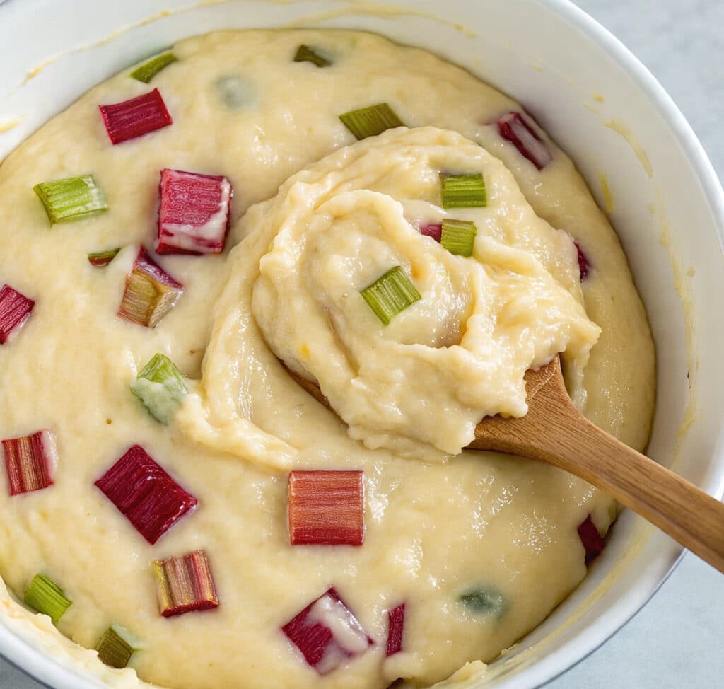 Rhubarb cookie recipe dough in mixing bowl with fresh rhubarb
