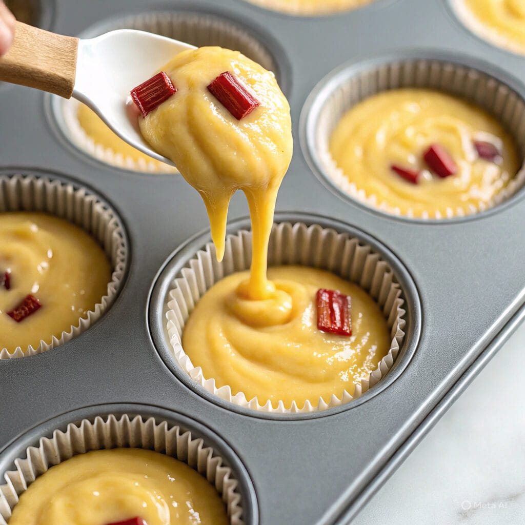 Rhubarb muffin recipe batter portioned into muffin cups
