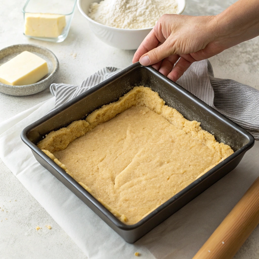 Pressing shortbread crust into baking pan