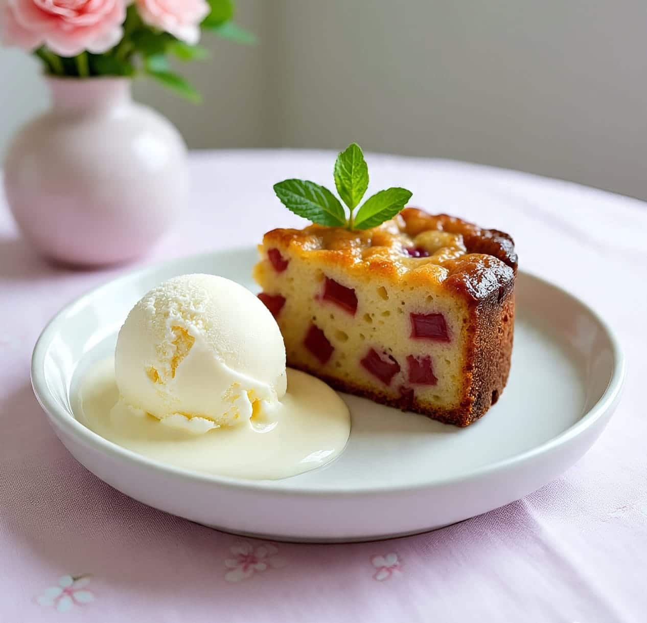 Rhubarb dump cake with vanilla ice cream on plate