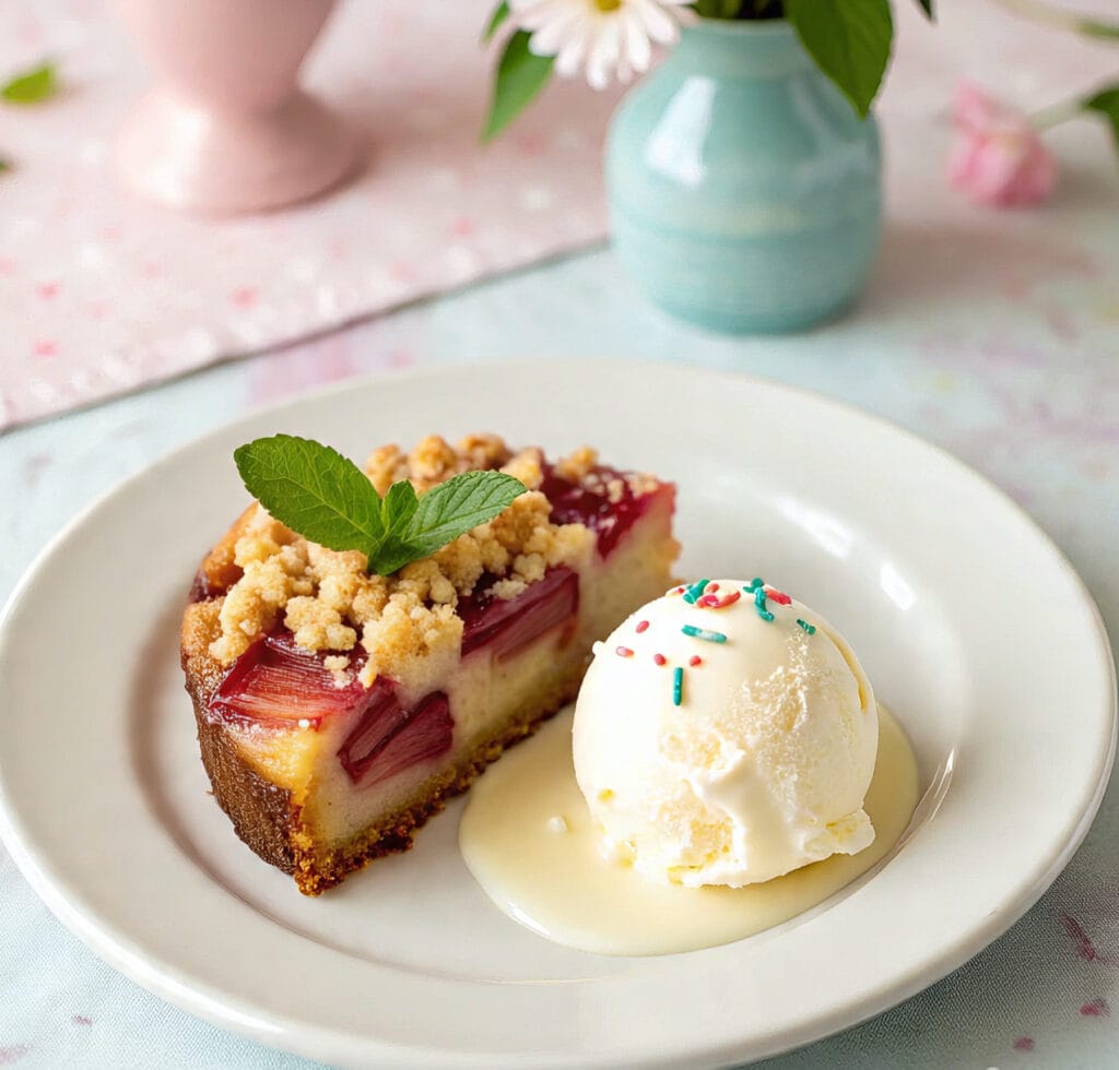 Rhubarb dump cake with vanilla ice cream on plate