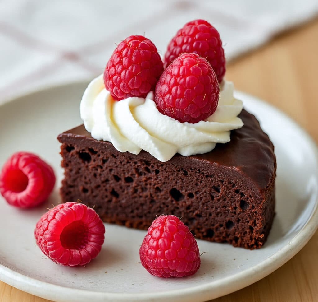 Chocolate yogurt cake slice with berries