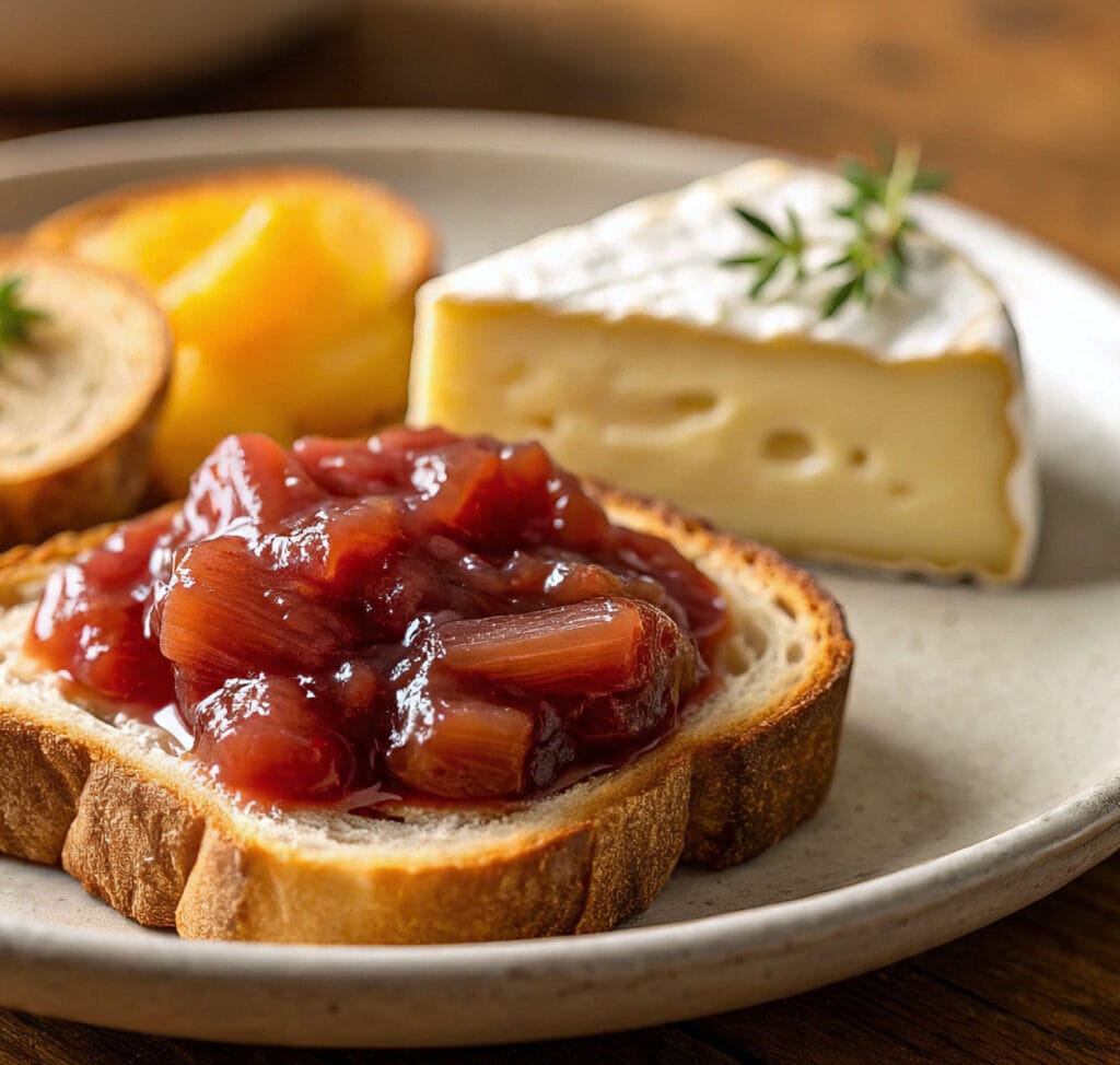 Toast with rhubarb jam and cheese on a brunch plate
