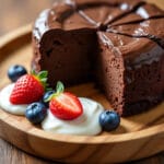 Sliced 3 ingredient chocolate yogurt cake with berries