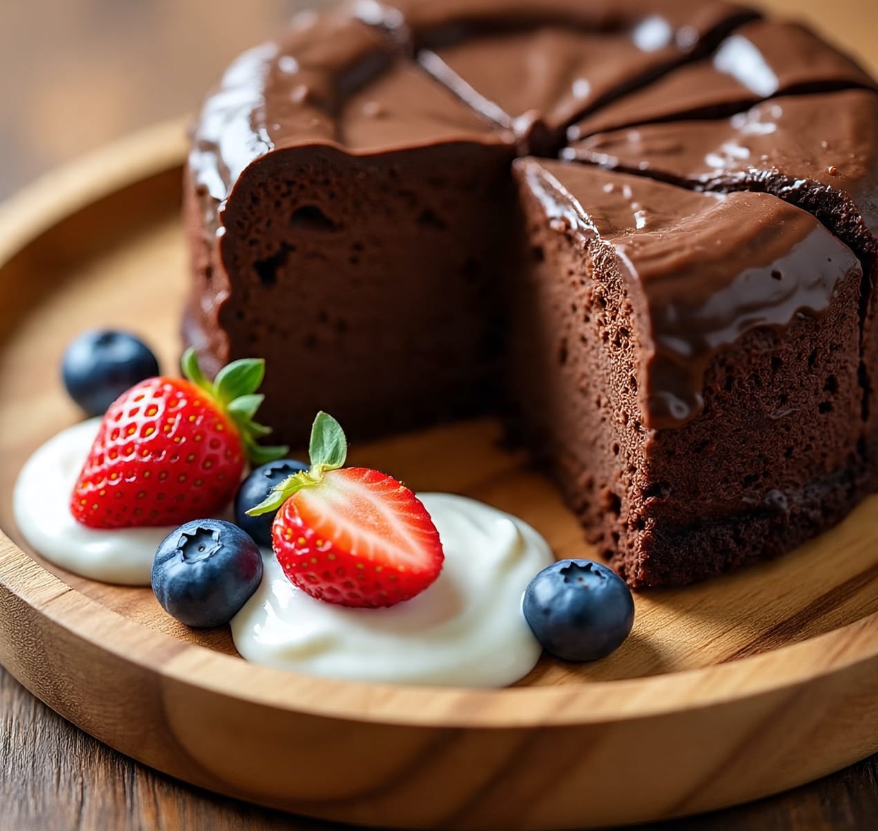Sliced 3 ingredient chocolate yogurt cake with berries
