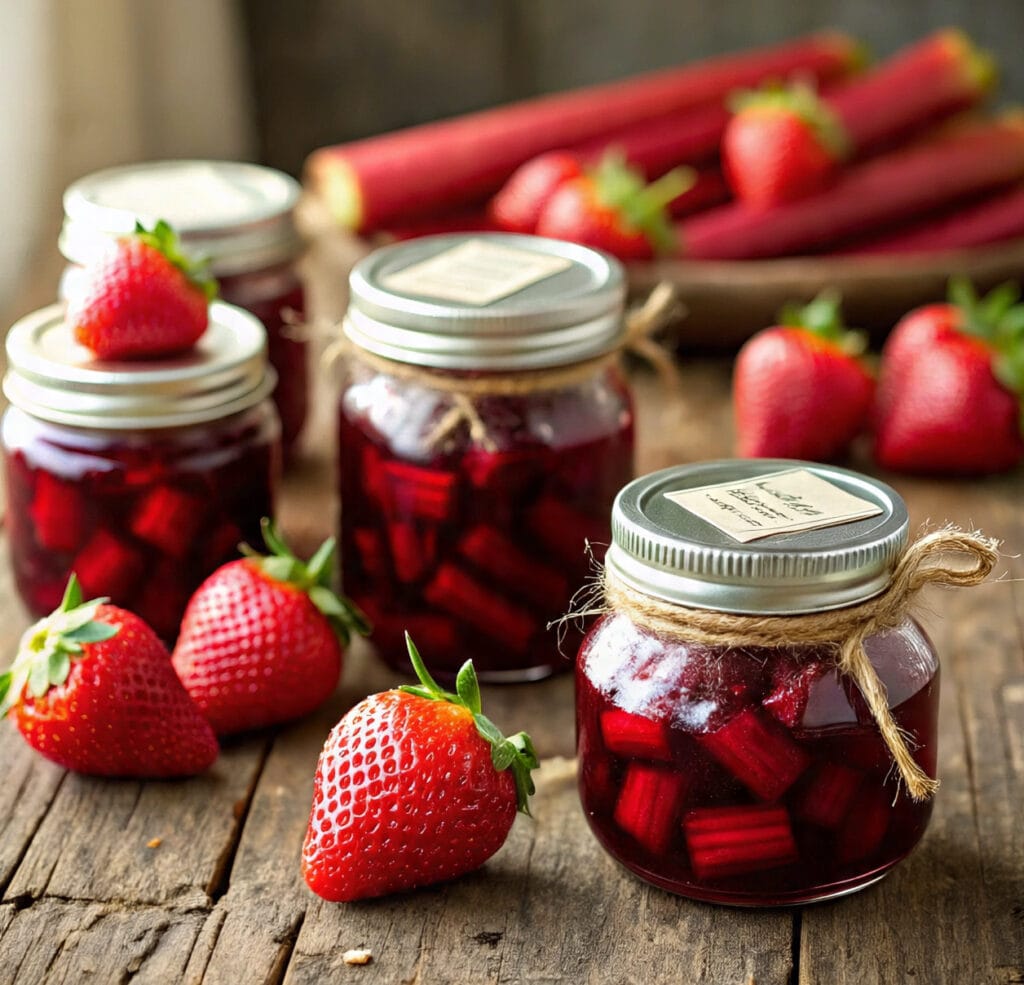 Rhubarb strawberry jam in jars with fresh fruit around