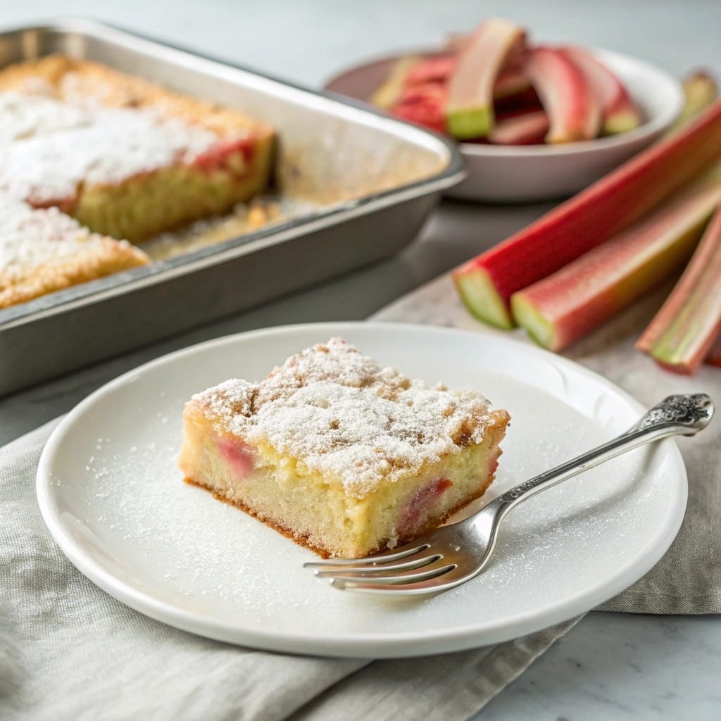 Single rhubarb bar on plate with powdered sugar