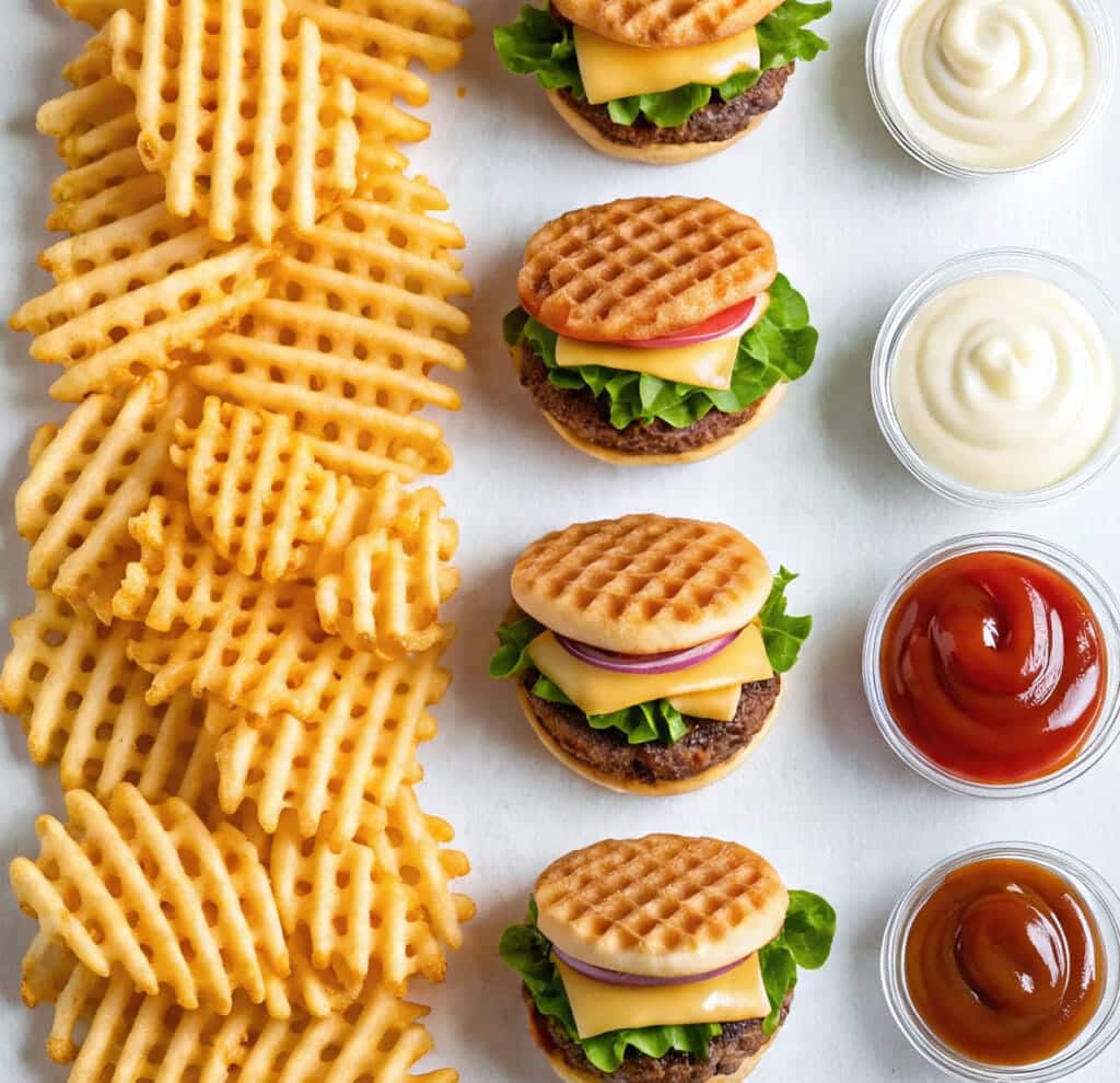 Preparing waffle fry sliders with patties and toppings