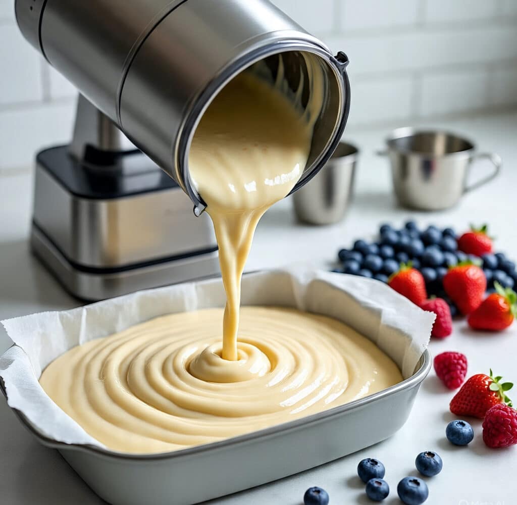 Pouring berry protein pancake batter into baking pan