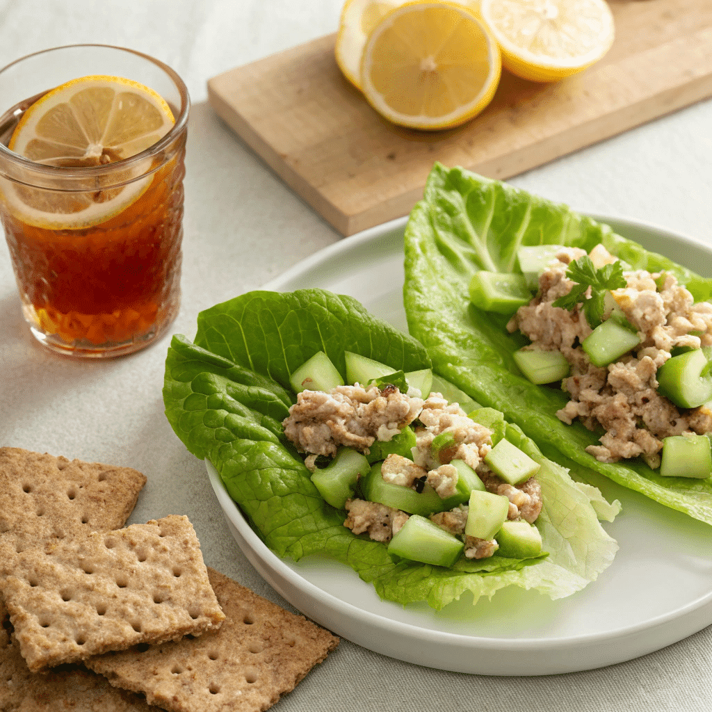 Tuna cucumber salad served in lettuce cups with crackers