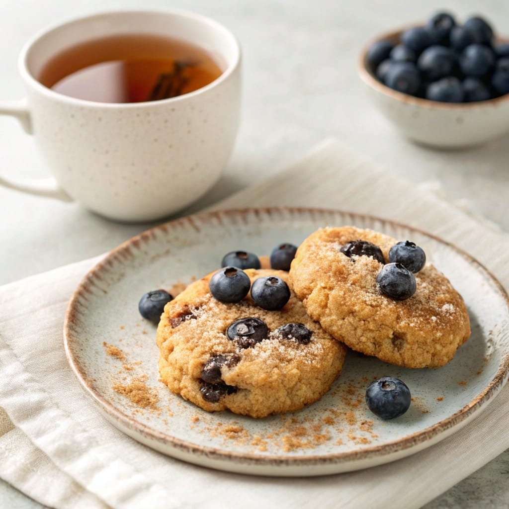 Almond flour cookies served with tea and fresh berries