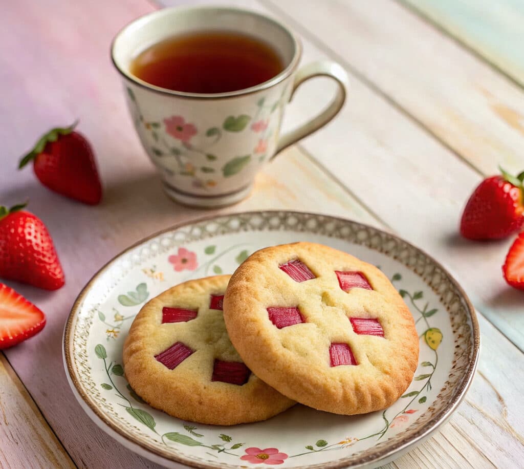 Rhubarb cookies served with tea and strawberries