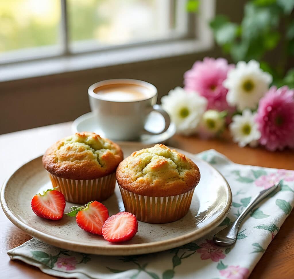 Rhubarb muffins served with berries and coffee