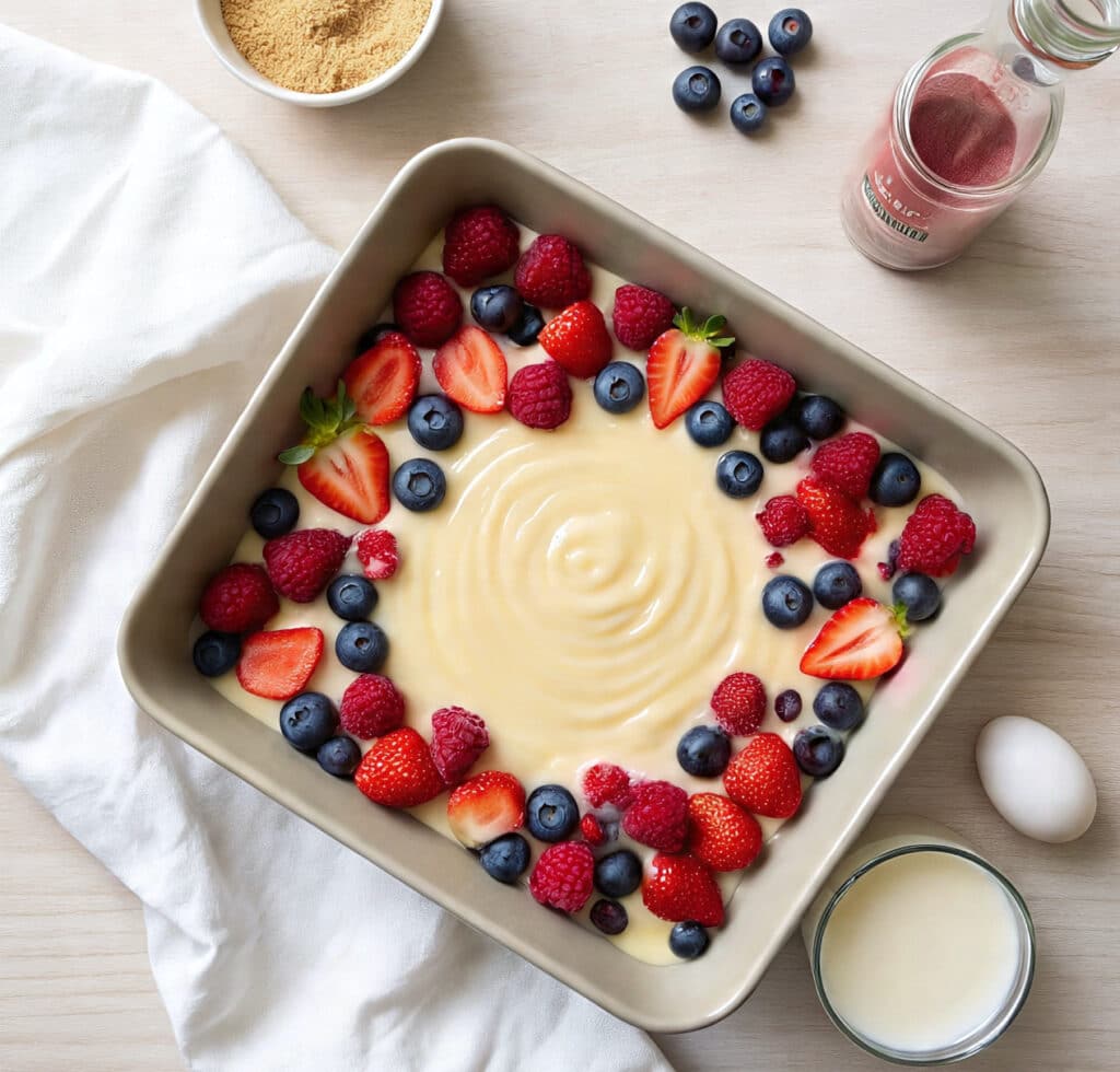 Berry-topped protein pancake batter before baking