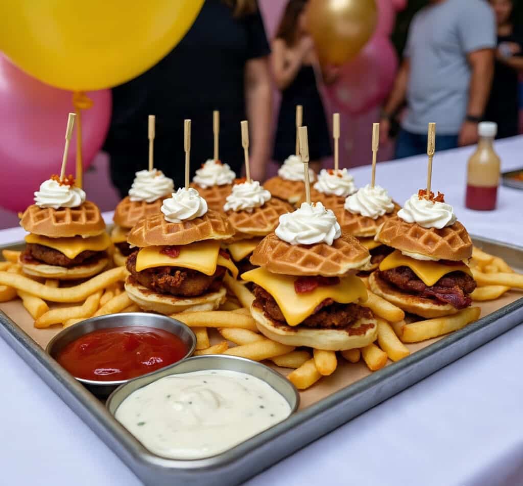 Waffle fry sliders with sauces at a game day party