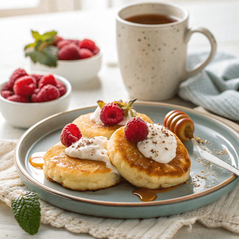 Cottage cheese protein pancakes served with yogurt, raspberries, and honey