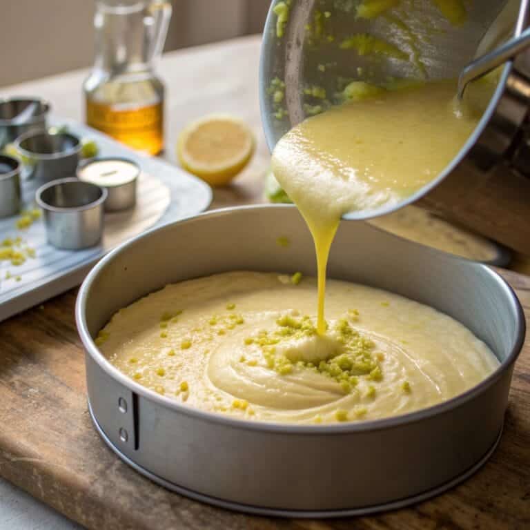 lemon-olive-oil-cake-batter.jpg Low Lemon Olive Oil Cake batter being poured into a springform pan